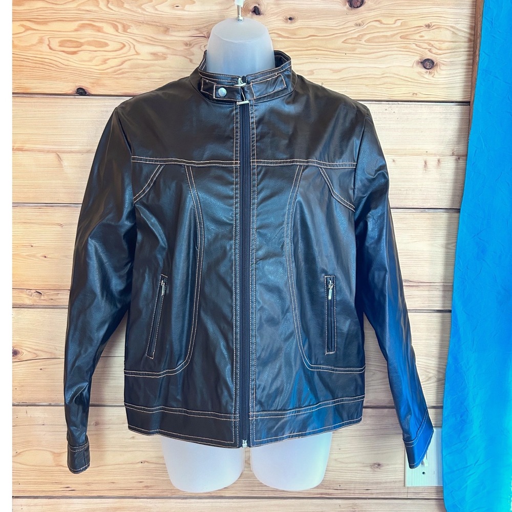 Ongdine Paris Milano Mens Vegan Leather Cafe Racer Jacket Black Contrast Stitch